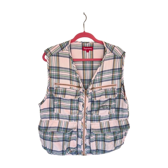 SUPREME Pink Tartan Plaid Flannel Cargo Vest Size Medium - Picture 1 of 10